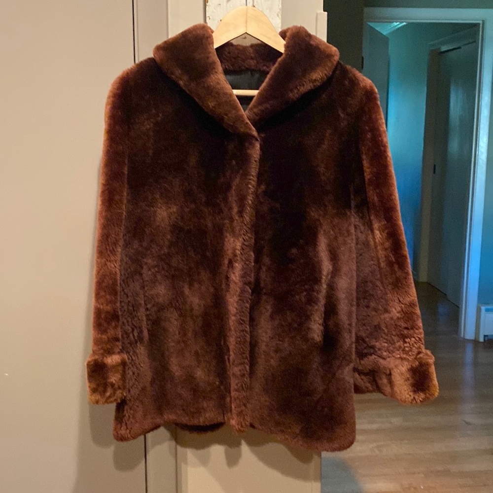 Vintage Mouton fur coat, brown. No size-fit small or medium. Black satin lining